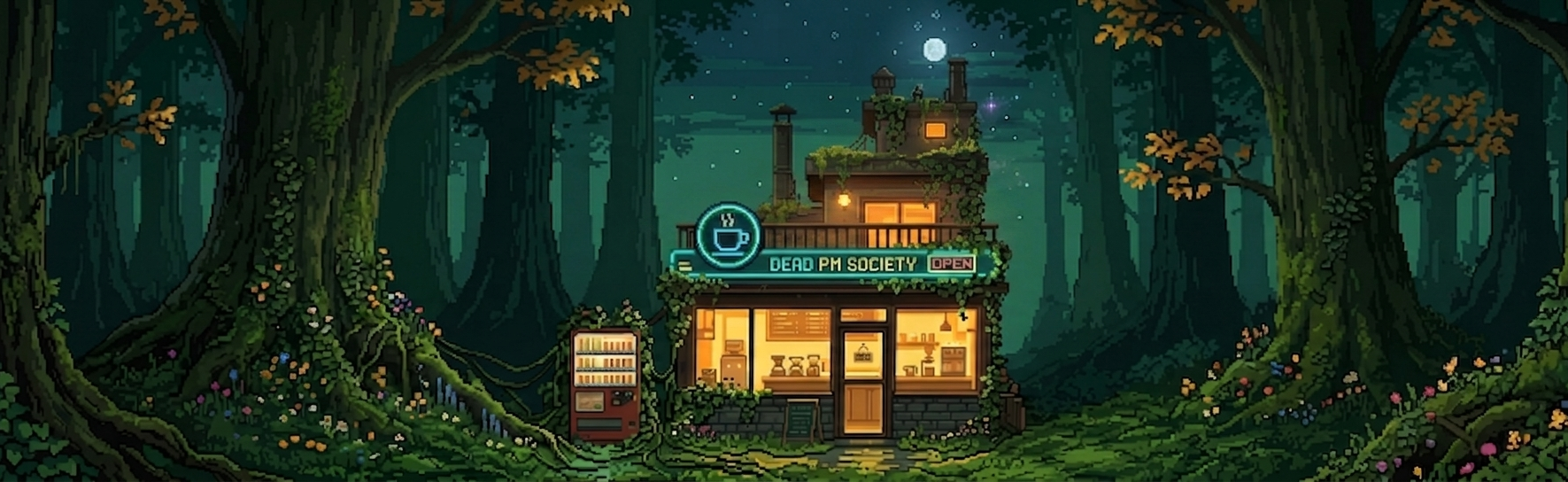 Dead PM Society — a pixel art coffee shop in the forest at night